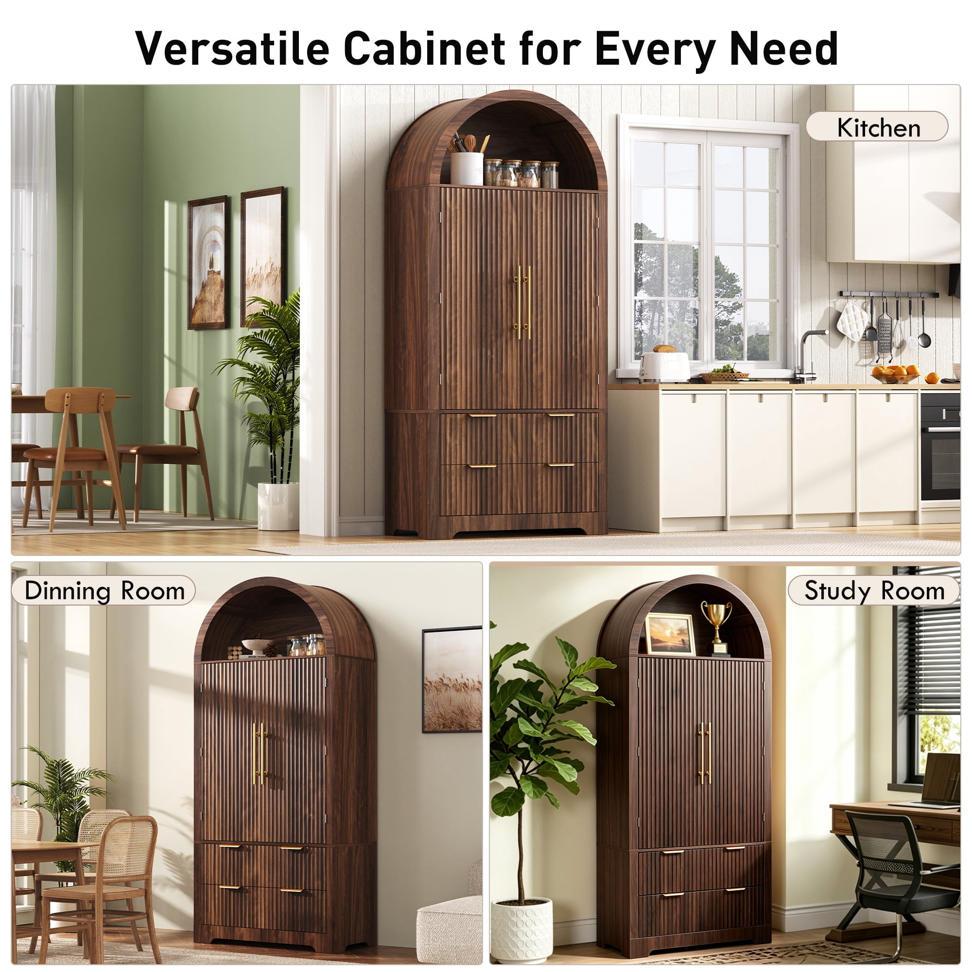 Euroco 72" Tall Arched Kitchen Pantry Cabinet, Wood Kitchens Storage Cabinets with 2 Large Drawers & 8 Adjustable Door Shelves,Mid Century Modern Cupboard Organizer for Dining Room,Walnut