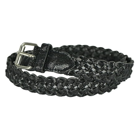 Braided Metallic Leather Belt - Girls Belt - Colorful Metallic Glitter Braided Faux Leather Belt for Kids by Belle Donne - Black Medium