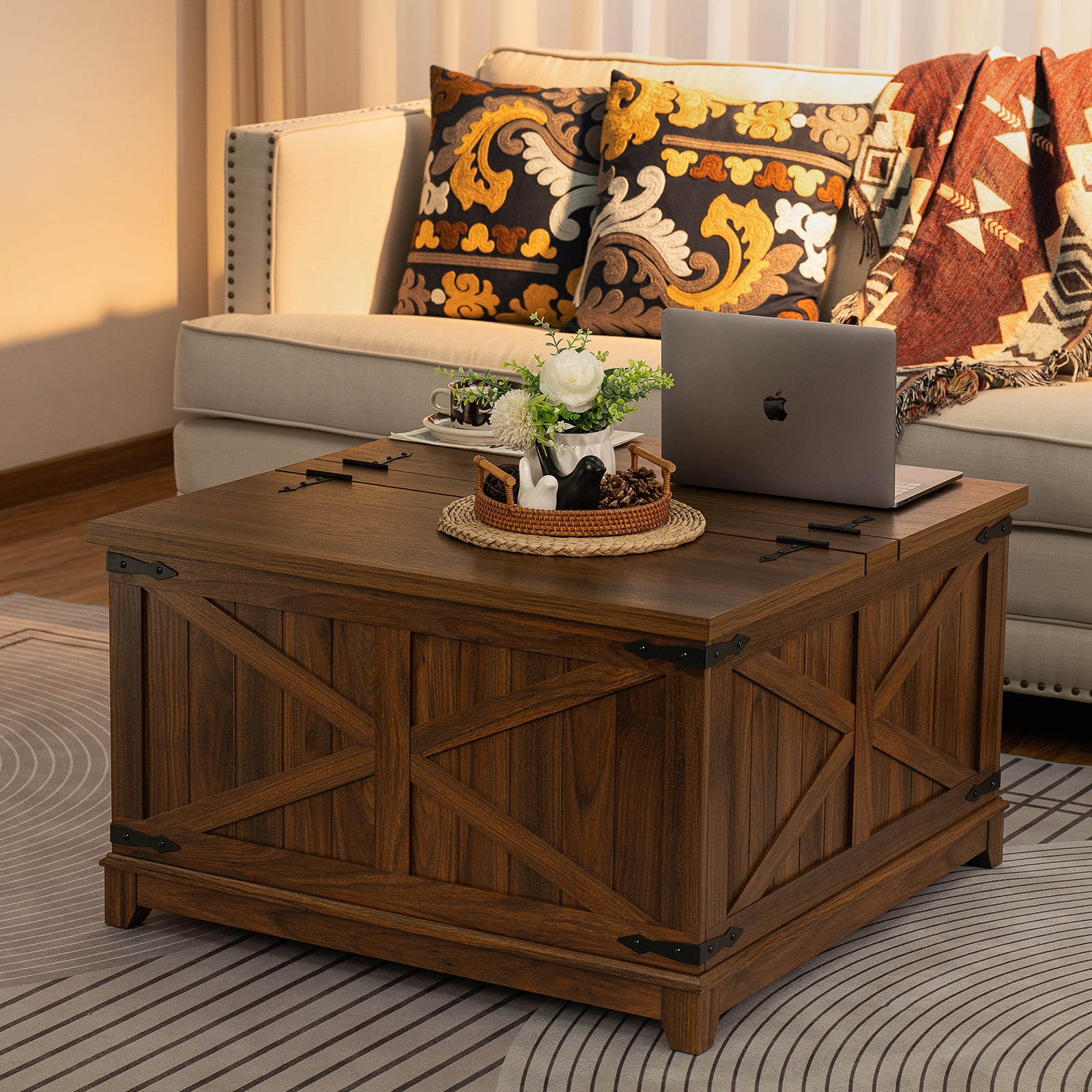 Farmhouse 3-Piece Living Room Set, Coffee Table with Hidden Storage Organizer & Nightstands with Charging Station, for Home, Office