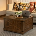 thumbnail image 4 of Joaxswe Large Farmhouse Lift Top Coffee Table with Hidden Storage Organizer, 35" Square Wood Living Room Table, Multi-Function Lift Wooden Barn Door Center Table, Rustic Brown, 4 of 6
