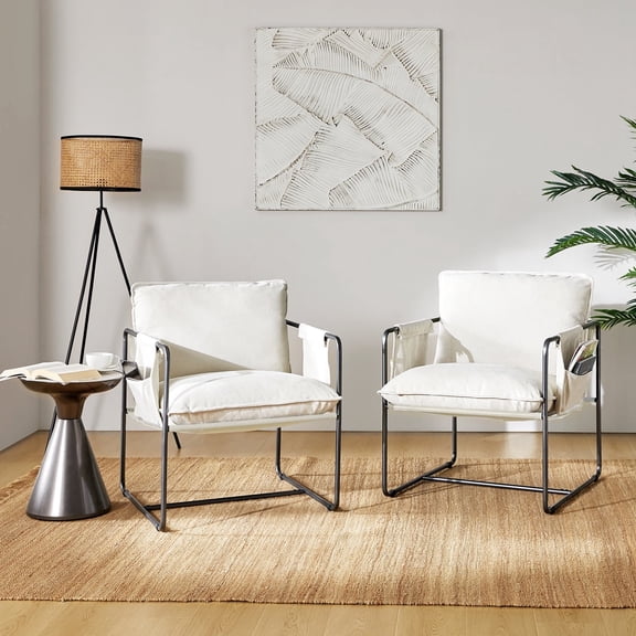 Sling Accent Chair Metal Framed Armchair 2 Pieces Removable Storage Pocket Living Room Bedroom Beige