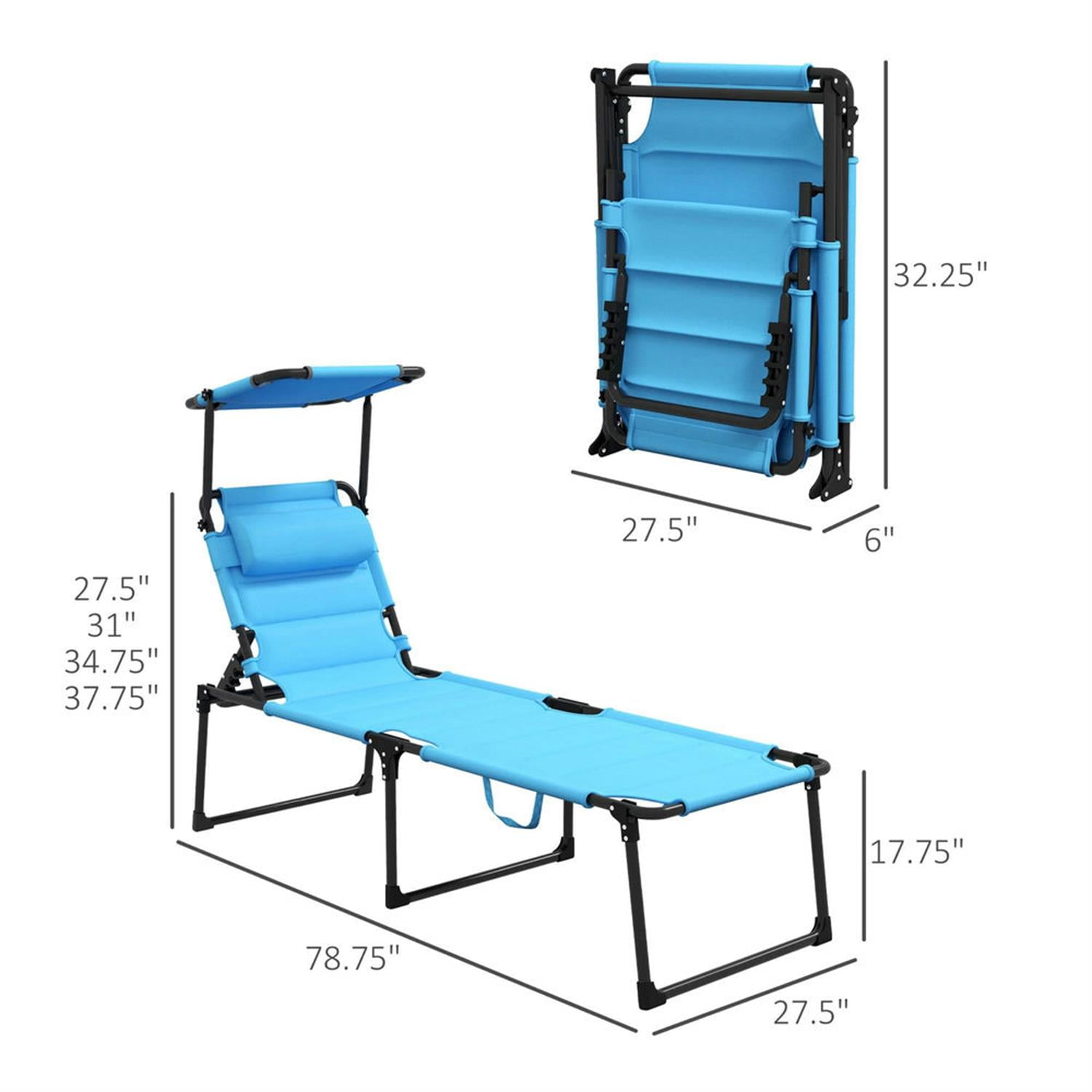 Demi Bonn Outdoor Folding Lounger with 4-Position Reclining, Pillow & Sun Canopy for Relaxing Patio, Deck, Comfortable Sun Protection Seating, Blue