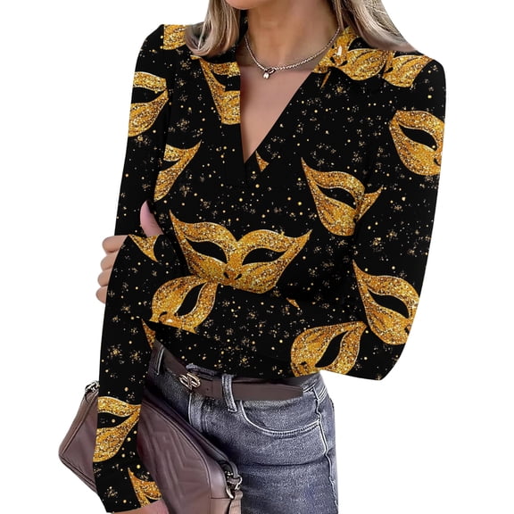 Mardi Gras Shirts for Women Sequins Feathers Print V Neck T Shirts Carnival Long Sleeve Green Tunic Tops Black 2XL
