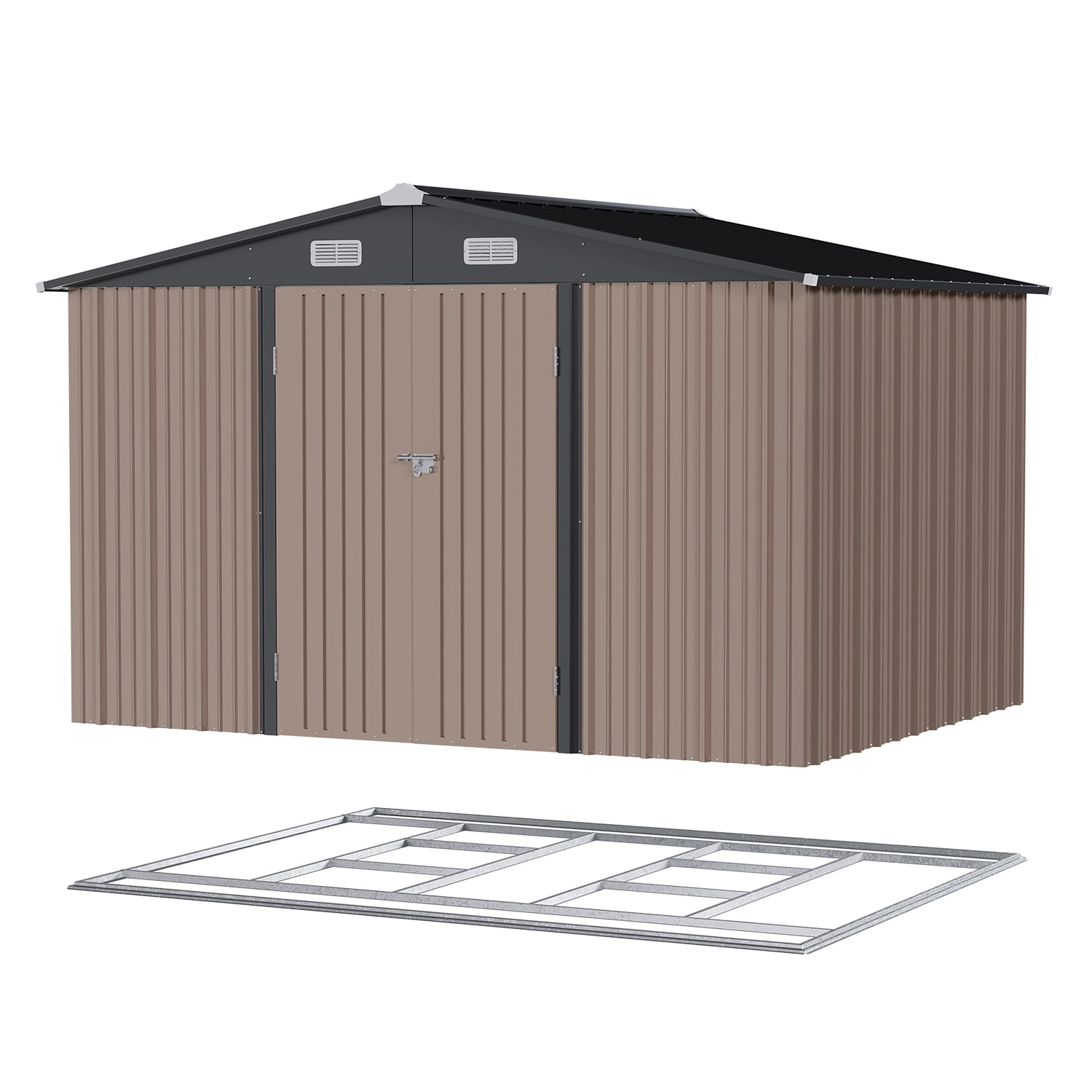 Clouddwell 10x8 ft. Outdoor Storage Shed with Base, Brown Metal Garden Shed with Double Lockable Doors for Backyard, Patio