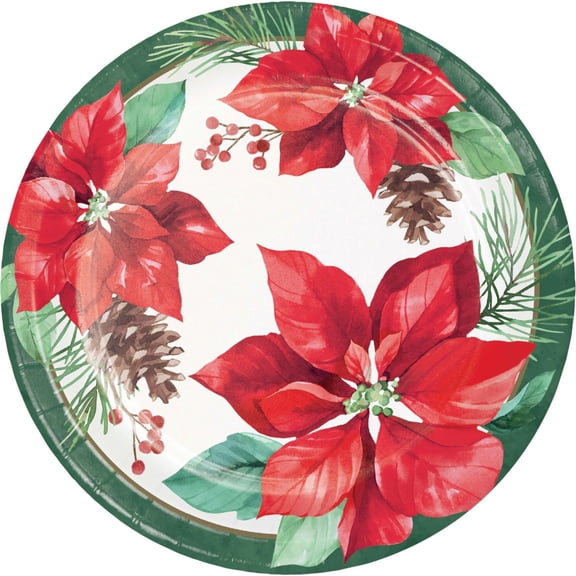 Perfect Poinsettia Paper 9" Dinner, Lunch Plates 8 Ct Christmas