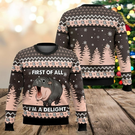 Funny Hippo 3D Christmas Sweater, Cute Animal Holiday Sweatshirt, First Of All I’m A Delight Sweater