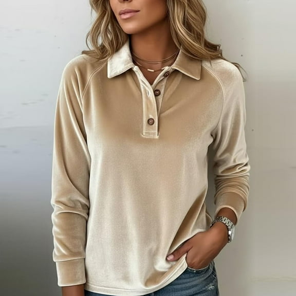 Tdoqot Womens Velvet Polo Shirts Dressy Casual- Long Sleeve Elegant Soft Spring Business Tops Khaki Size XL