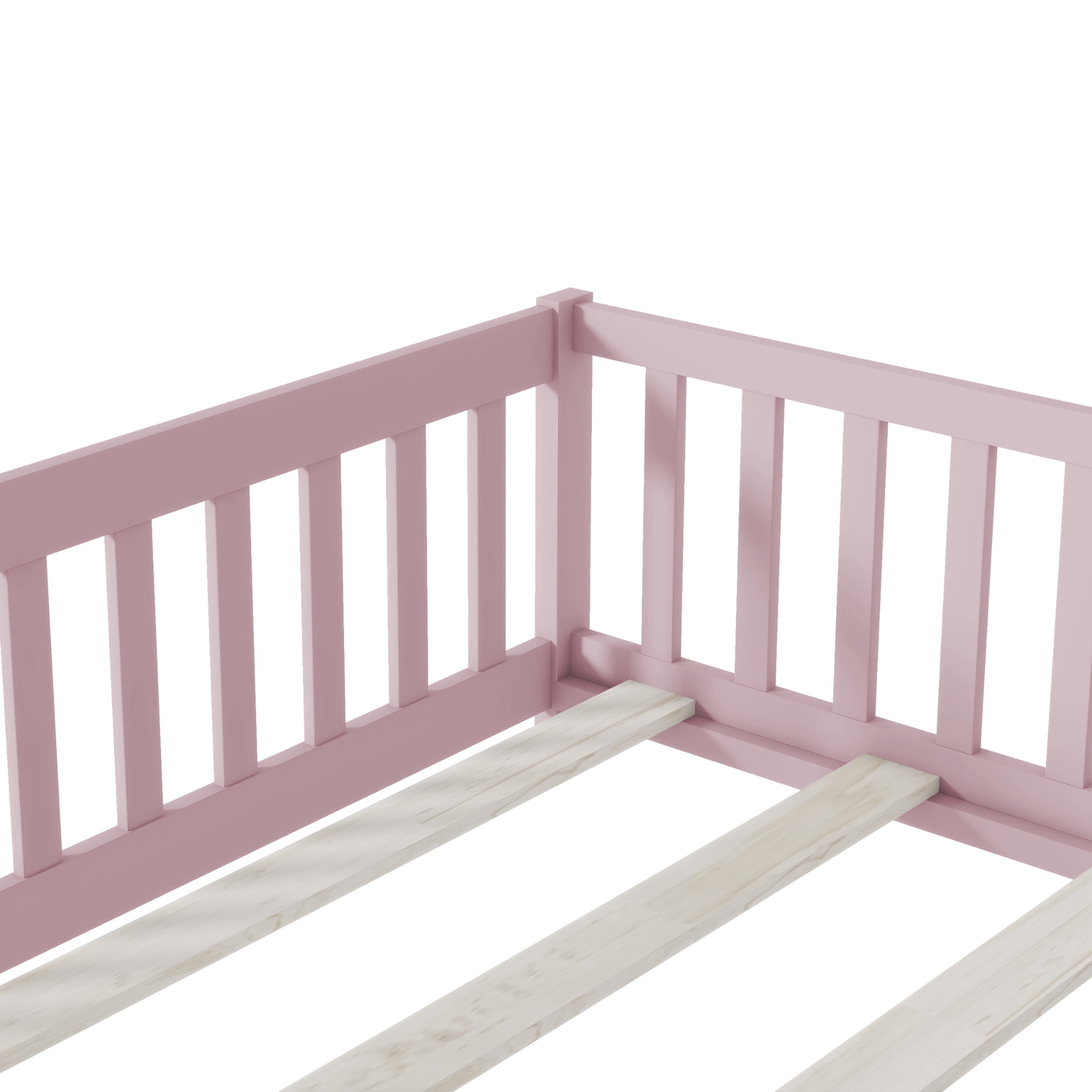 Noble House Mira Full Floor Bed with Fence and Door, Sturdy Rubber Wood Montessori Bed Frame, Kid's Room, Pink