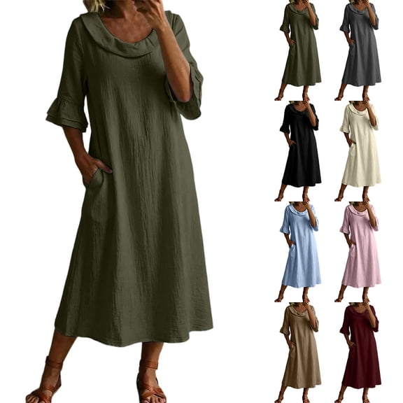 YuXingFu Womens Cotton Dresses for Summer Maxi Crew Neck Plus Size Womens Dress 3/4 Sleeve Everyday Long Casual Summer Black S