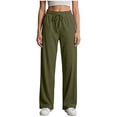 thumbnail image 5 of Women's Soft Fabric Straight Leg Pants with Pockets, Mid Elastic Waist Drawstring, Lightweight Comfortable, Casual Lounge Pants for Summer Beach Work, Womens Pants | UKHCCC,Army Green L, 5 of 7