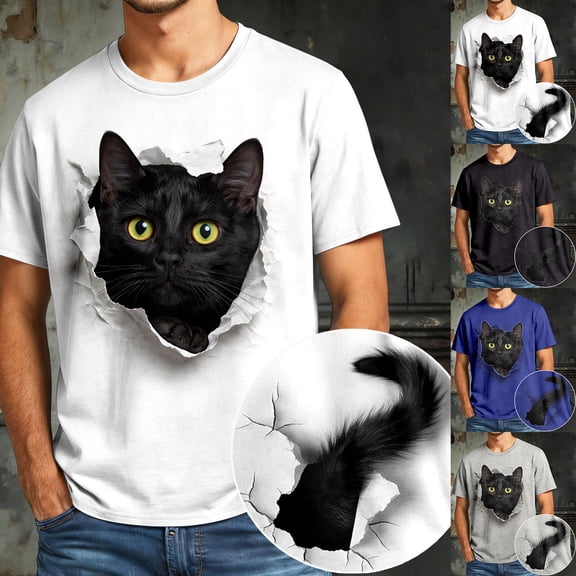 TrendOFT T Shirts for Man Unisex Animal Cat Graphic Print Short Sleeve Crew Neck Loose Summer Daily Mens Shirts Black L