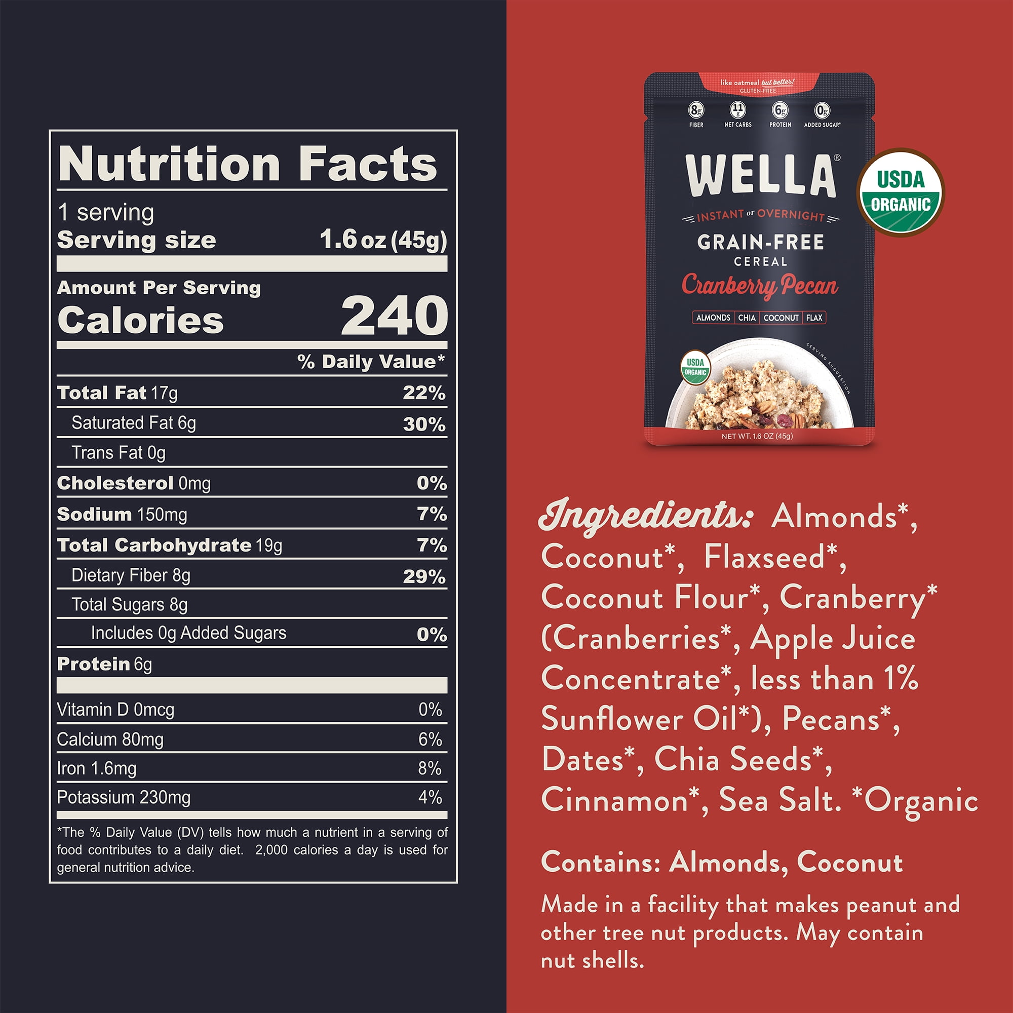 Wella Grain Free Cereal Oatmeal Alternative – Organic Cereal, Vegan High Protein Gluten Free Superfood – Paleo Plant-Based Non-GMO – Low in Net Carbs – Single-Serve 1.6 oz. - 10 Packets