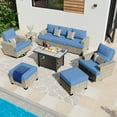 thumbnail image 3 of Vcatnet 9 Pieces Patio Fire Pit Sets Outdoor Patio Sectional Sofa Furniture Wicker Conversation Set with Swivel Glider Chairs Denim Blue, 3 of 10