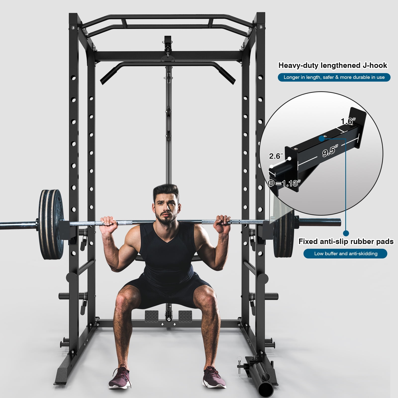ULTRA FUEGO Power Cage, Multi-Functional Power Rack with J-Hooks, Dip Handles, Landmine Attachment and Optional Cable Pulley System for Home Gym,BLK
