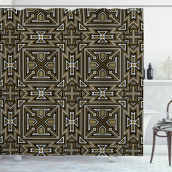 Abstract Shower Curtain, Illustration of Modern Squares and Triangles Zigzags, Fabric Bathroom Set with Hooks, 69W X 70L Inches, Charcoal Grey Earth Yellow and White, by Ambesonne