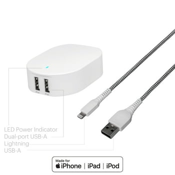 onn. 24W Dual-Port Wall Charging Kit with 3ft Lightning Cable, Compatible with iPhone12/11/XS Max/X/8, iPad and More