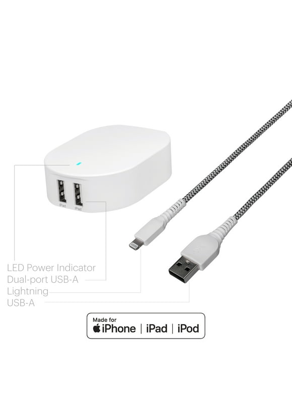 onn. 24W Dual-Port Wall Charging Kit with 3ft Lightning Cable, Compatible with iPhone12/11/XS Max/X/8, iPad and More