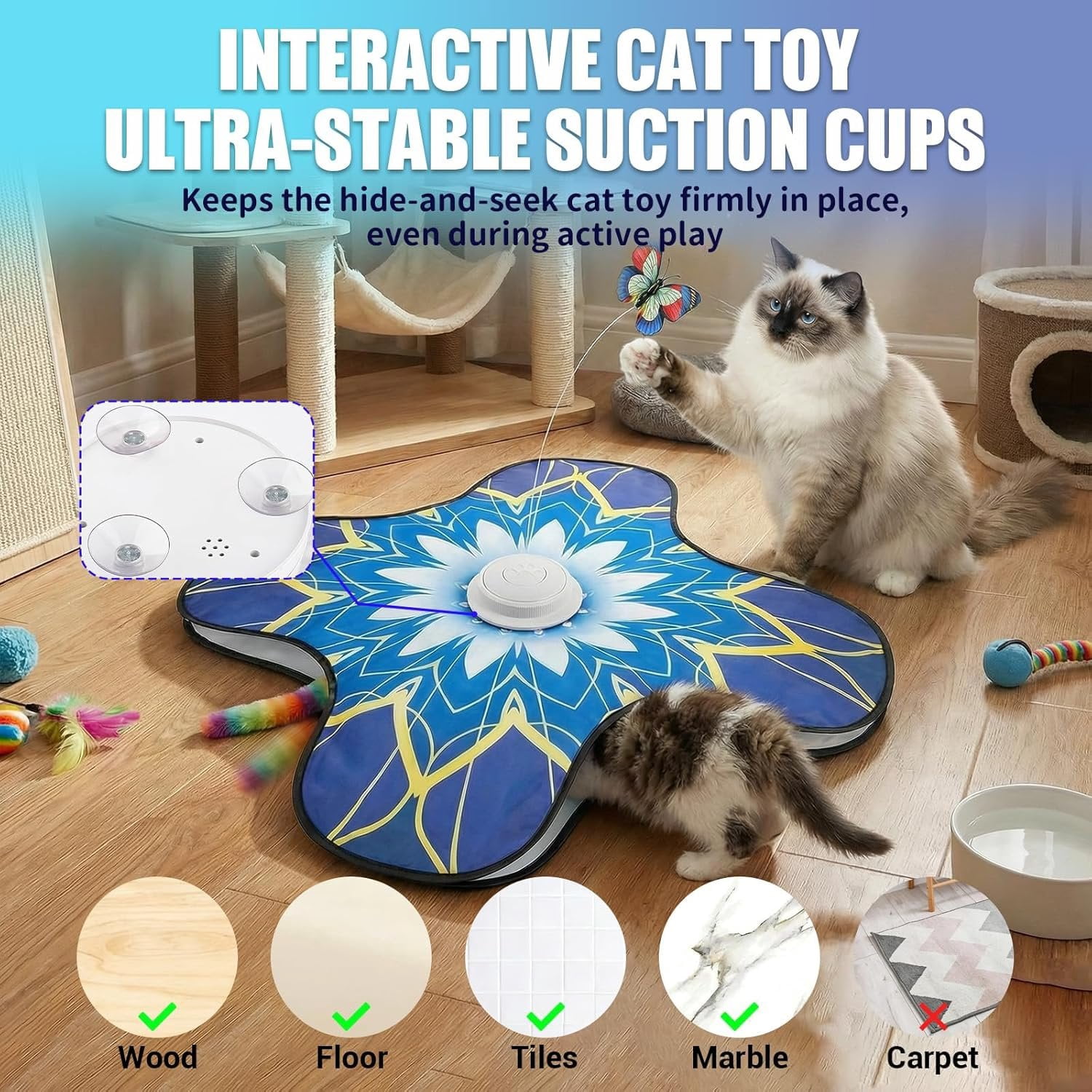 Interactive   for Indoor Cats,  Activated Automatic    with Sound /Off, Dual Wands, Non-Slip Suction Cups, Rechargeable  and Seek  Play Mat for Bored Adult Kittens