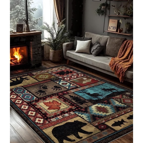 CHAKME 5'x7' Rustic Cabin Lodge Area Rug Machine Washable Non Slip Bear Deer Southwestern Pattern Low Pile Floor Mat Living Room Bedroom