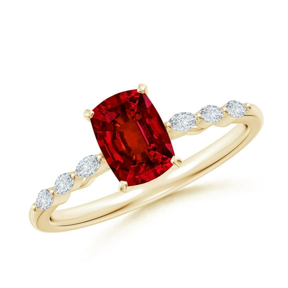 ANGARA Cushion Rectangular Lab Grown Ruby Engagement Ring with Marquise Diamonds for Women in 14K Yellow Gold (Size-7x5mm) | July Birthstone, Anniversary, Jewelry Gift for Women | Lab-Grown Ruby Ring