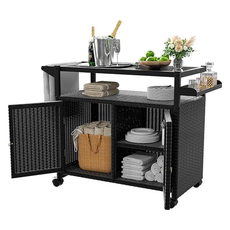 Outdoor Bar Table, Wicker Bar Cart with Cabinet, Patio Serving Cart with Tempered Glass Top, Lockable Wheels, Rounded Handle & Side Basket for Garden, Poolside & Backyard, Black