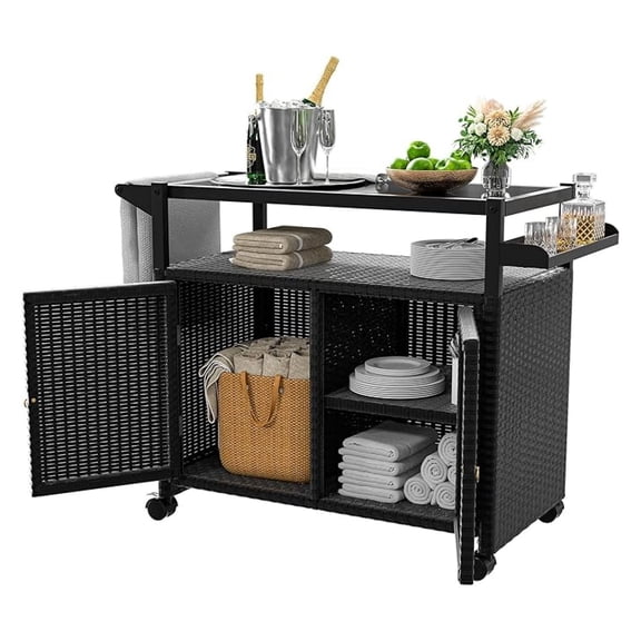 Outdoor Bar Table, Wicker Bar Cart with Cabinet, Patio Serving Cart with Tempered Glass Top, Lockable Wheels, Rounded Handle & Side Basket for Garden, Poolside & Backyard, Black