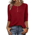 thumbnail image 2 of Atogsazn Womens 3/4 Sleeve T-shirt Casual Button Crew Neck Blouse Basic Tops Loose Outfit Tee Pullover Red XXL, 2 of 9