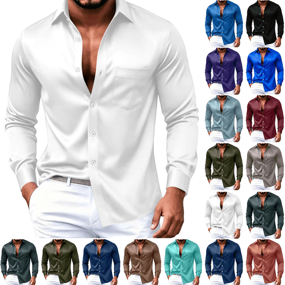 Jopfuhed Mens Satin Shirts Solid Color Casual Long Sleeve Button Down Lapel Collared Business Work Dress Shirts Sizes,S-5XL