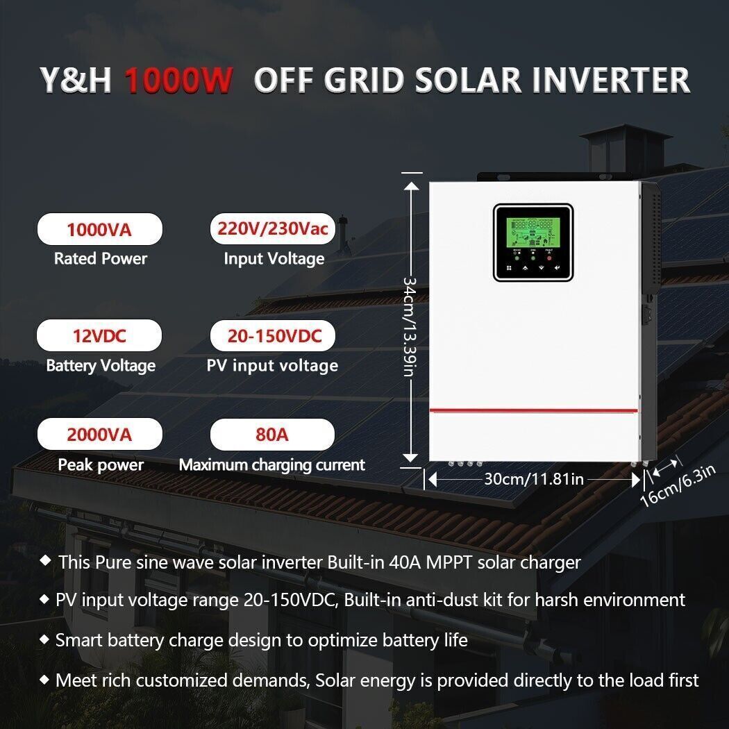 1000W Solar Hybrid Inverter DC12V to AC220V MPPT 40A Max PV 600W DC150V Input