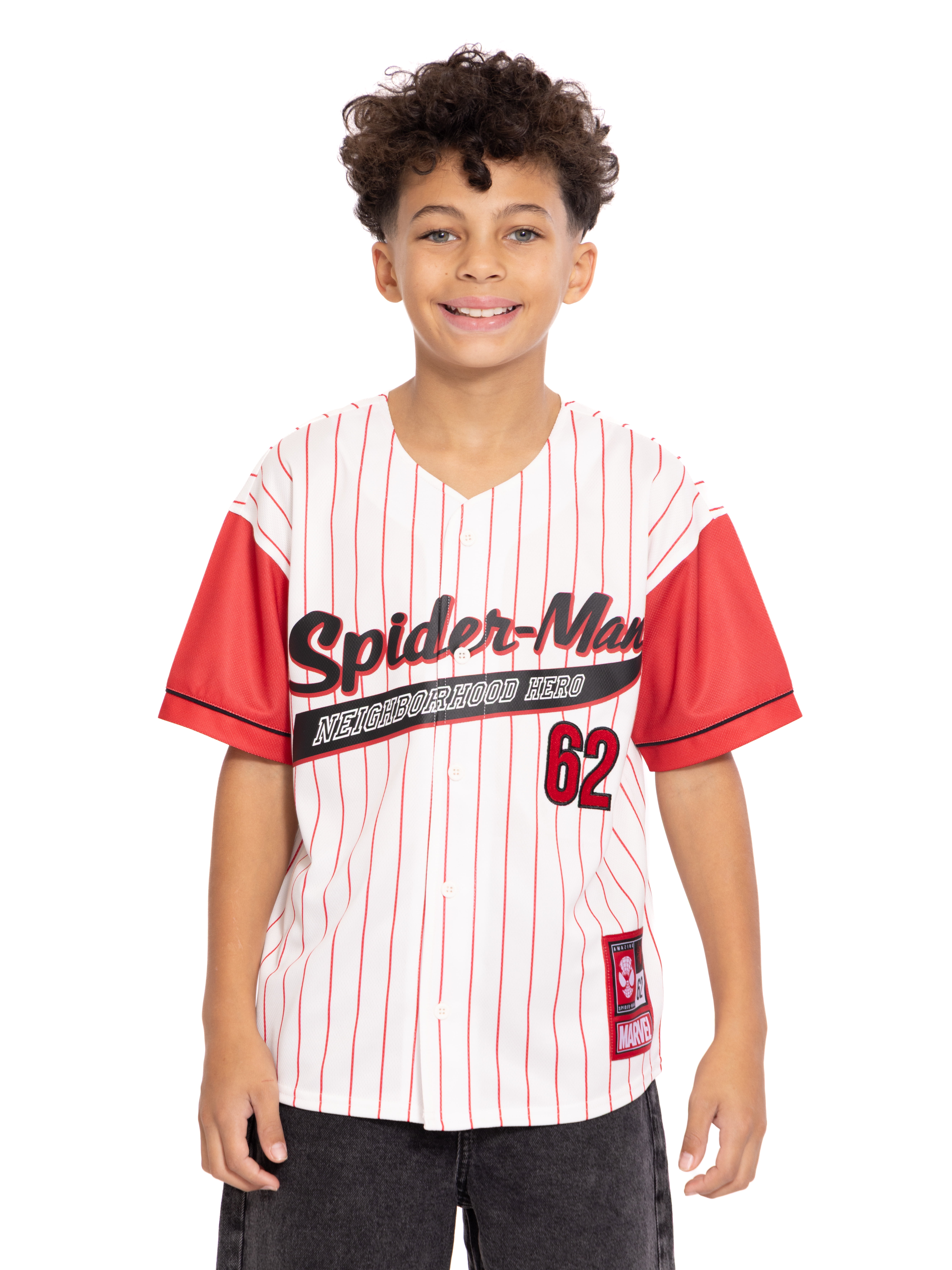Spider-Man Boys Graphic Baseball Button Down Jersey with Short Sleeves, Sizes 4-12