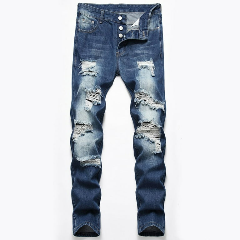 symoid Mens Jeans- High-end Jeans Frayed Blue Slim-fit XXXL（36） Stretch Nostalgic