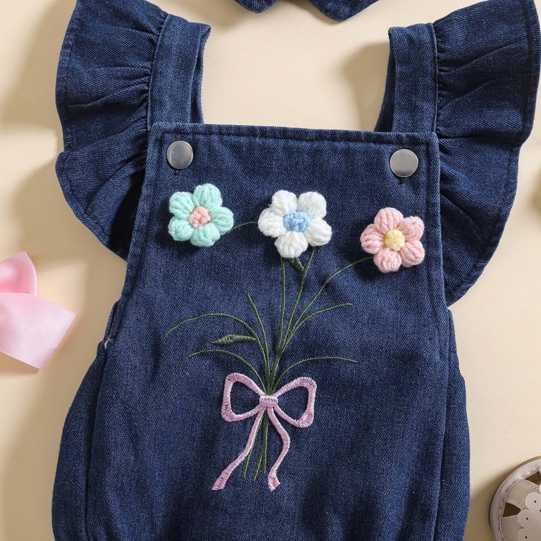 Sopiago Baby Girl Denim Romper Ruffle Flowers Bodysuit Embroidery