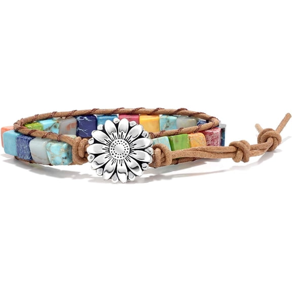 Soleilie 7 Chakra Bracelets for Women with Real Stones Leather Wrap Healing Bead Bracelet Women Men Boho Friendship Jewelry
