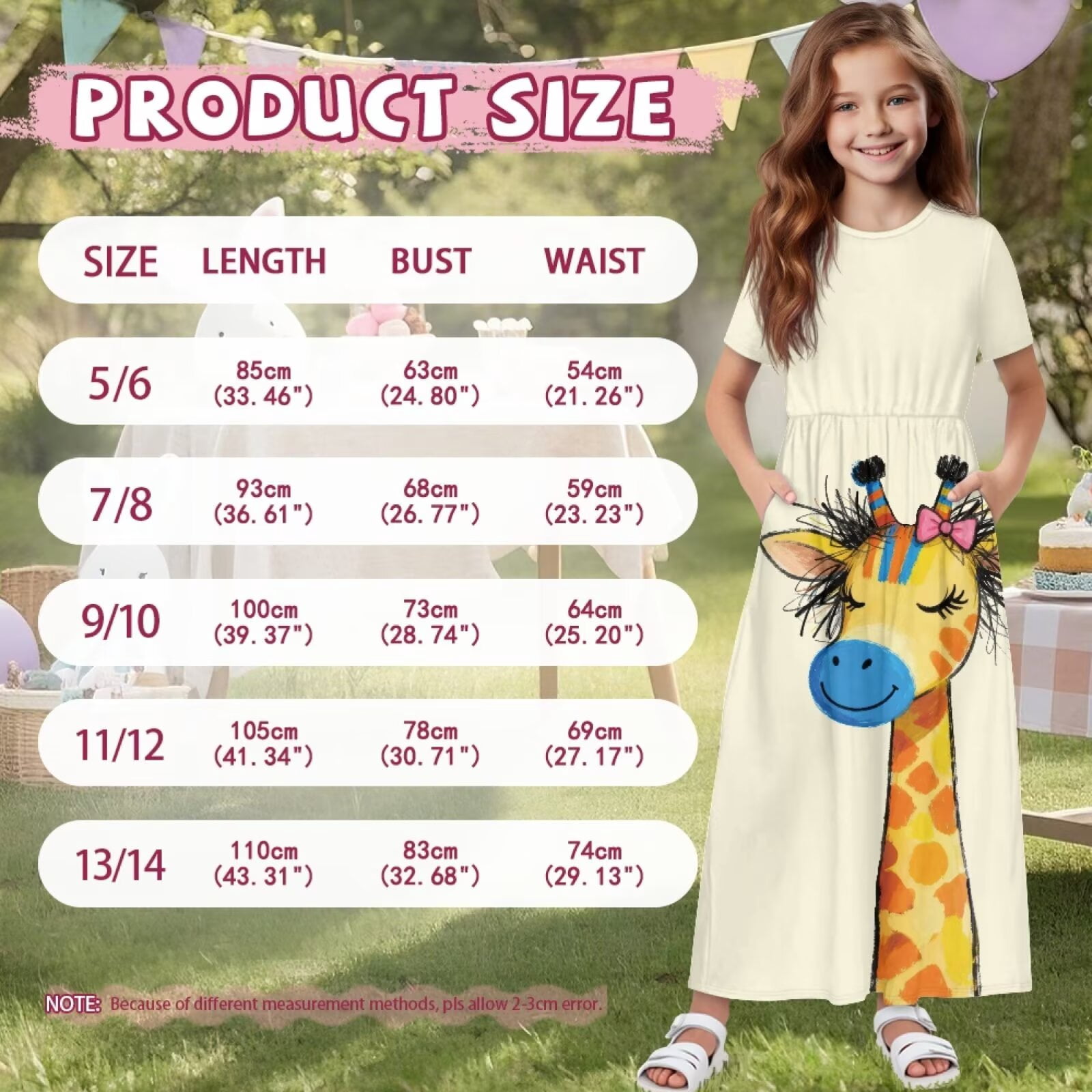 Uourmeti Girl's Maxi Dress Cartoon Giraffe Print Short Sleeve Long Dresses Crew Neck Elegant Casual Sundress with Pockets, Size 7-8 Years