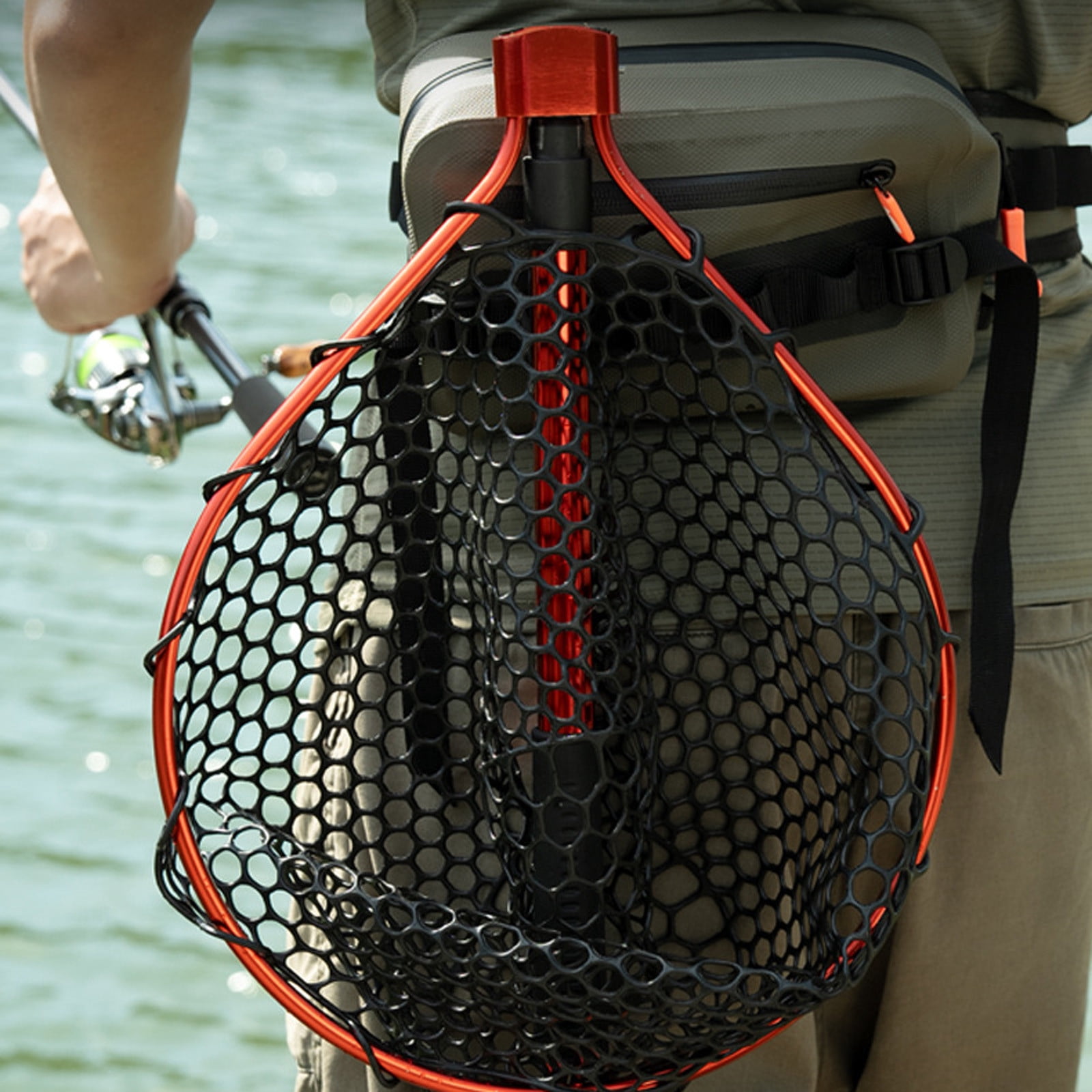 Fishing Gear Telescopic Foldable Silicone Landing Net with Aluminium Alloy Pole Carabiner Nylon Hook EVA Handle and Elastic Wrist Strap for Anglers