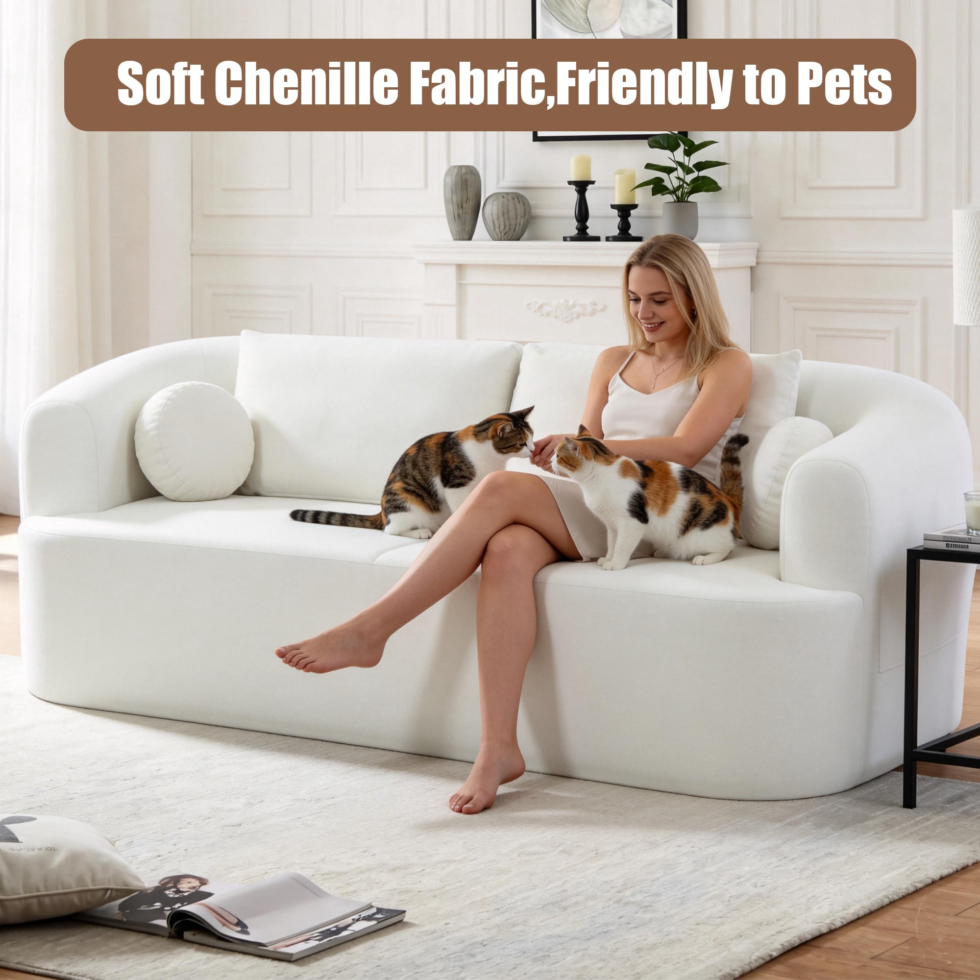 Loveseat Sofa-in-a-Box, 67" Chenille 2-Seater Couch with Deep Seats, 32D High-Resilience Foam, No Assembly Required, for Living Room, Small Space, Beige
