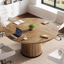 Finmind  Round Conference Table for 4-6 People, 47-Inch Wooden Meeting Table with Sturdy Metal Base for Conference Room, Brown