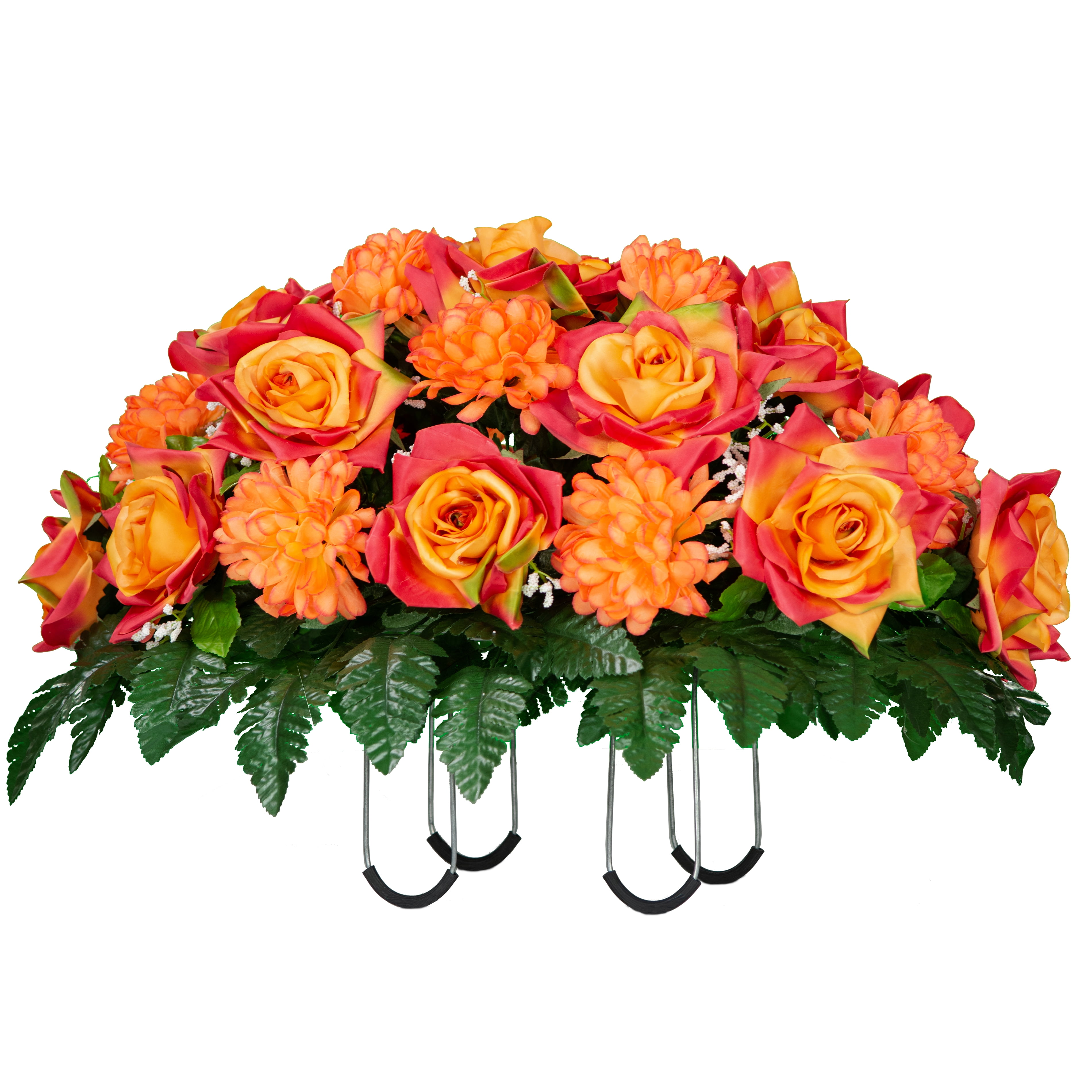 Sympathy Silks Artificial Cemetery Flowers 30" Sunset Orange Open Roses/Orange Mums cemetery saddle