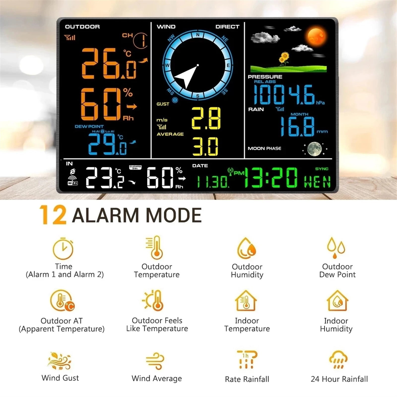 Internet Wireless Weather Station Weather Forecast Temperature Pressure Humidity Wind Rain Gauge Moon Phrase Alarm Clock Tester ,High Precision