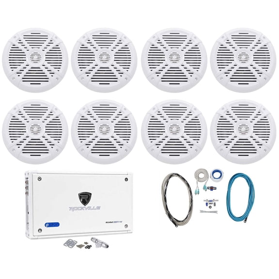 Rockville RMSTS80W Bundle: (4) Pair 8-Inch 1000W Marine Speakers White, RXM8BTW 8-Channel 1500W Bluetooth Amplifier, RMWK4 Wire Kit, 6-items