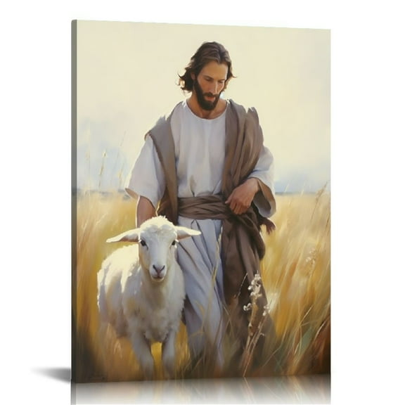 ONETECH Framed Jesus and Lamb Canvas Wall Art Jesus Christ The Good Shepherd Picture Prints God Faith Poster Artwork Christian Home Bedroom Decoration