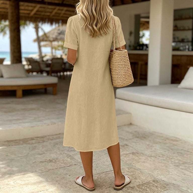 Women's Cotton Linen Blend Midi Dress Collared Short Sleeve Solid Color Loose Casual Tiered Dress for Summer Daily Wear Beige XXL(XXL)