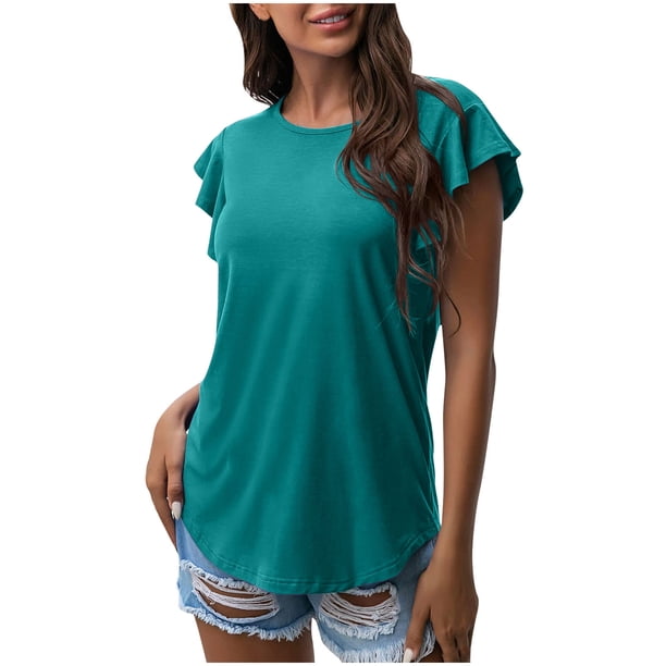 Mujeres Casual cuello redondo manga corta Puff Color sólido pulóver blusa camiseta Tops ajuste holgado OAVQHLG3B Store lin121212