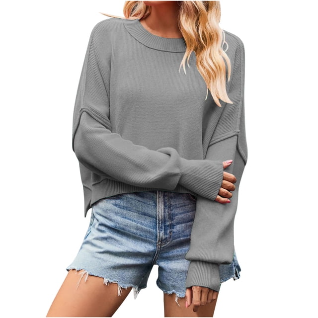 QUYUON Chandails en Molleton d'Automne pour Femmes Offres Chandails en Molleton Femmes Coupe Ample Polyester Manches Longues Col Rond Chandail Uni Style S-2016 Extensible Surdimensionné Col Rond Chandails en Molleton Coupe Surdimensionnée Gris G