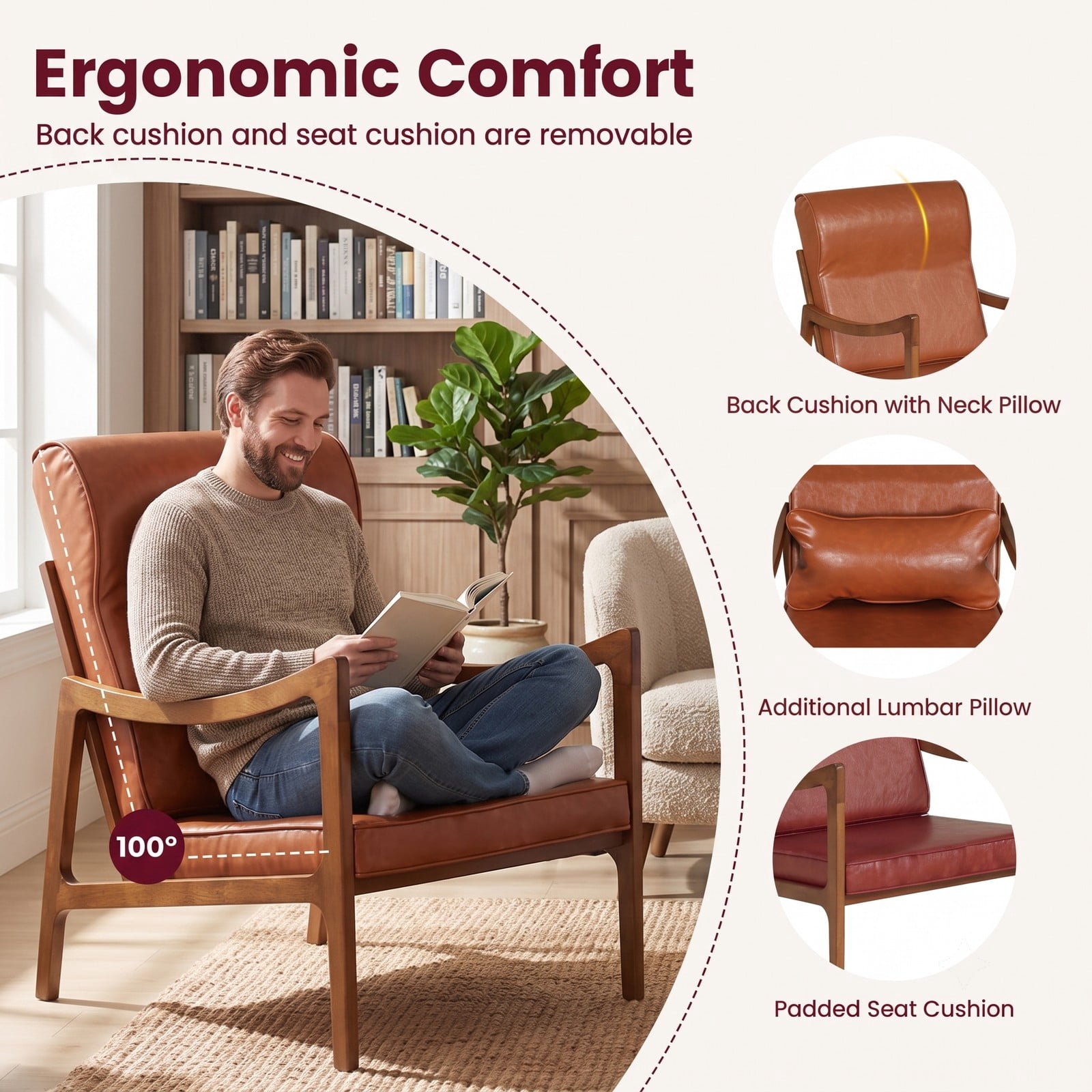 Furnibear Modern Accent Chair, Rubber Wood Faux Leather Upholstered Armchair with Removable Back Seat Cushion & Lumbar Pillow, Padded Living Room Reading Side, Brown