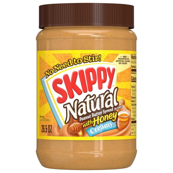 SKIPPY Natural Creamy Peanut Butter Spread with Honey, 6 g Protein Per Serving, Shelf-Stable, 26.5 oz Plastic Jar