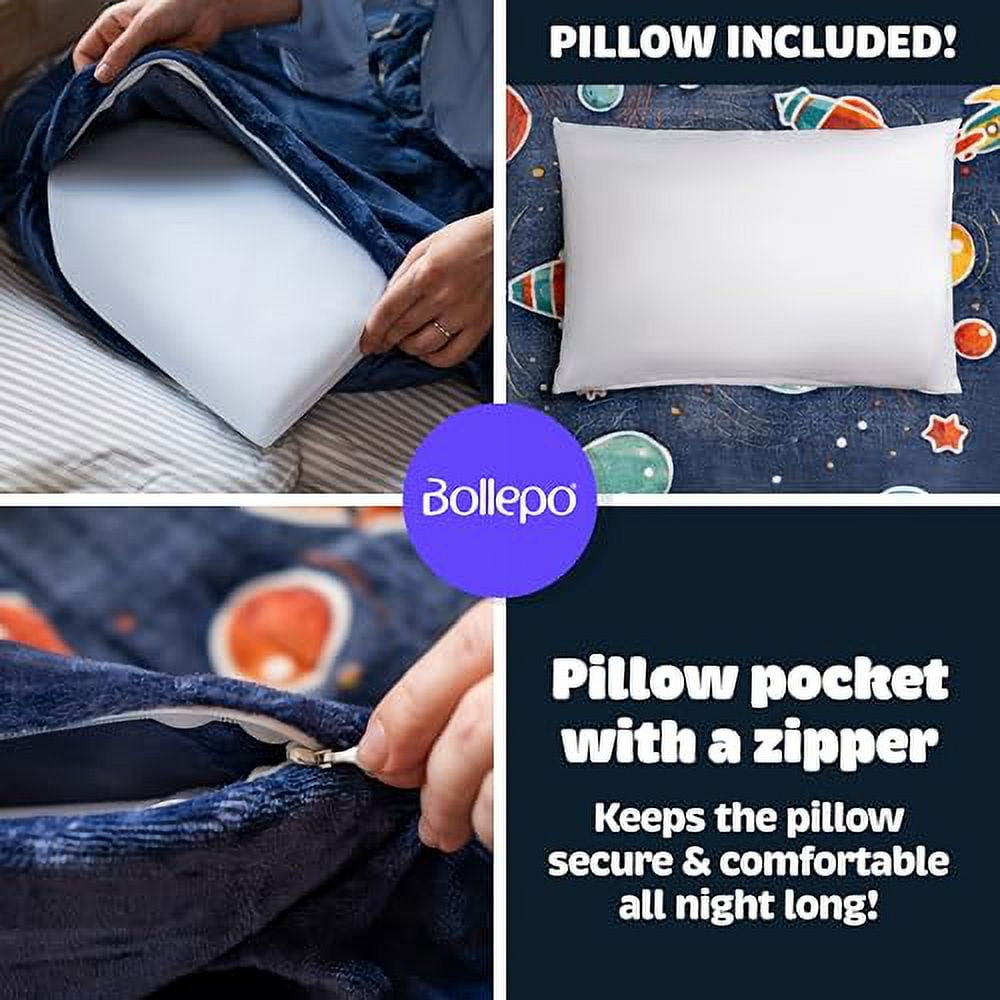 Kids Glow-in-the-Dark Space Sleeping Bag with Pillow, Extra Soft Sleep Bag for Boys & Toddlers, Planets & Stars Design, Pillow Pocket, Ages 3+ (66'' x 33")
