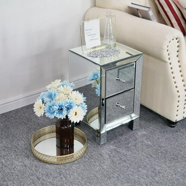 BaytoCare 2-Drawer Mirrored End Table Nightstand Glass Bedside Table Furniture for Bedroom, Living Room, Sliver