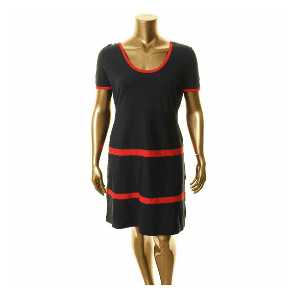 Anne Klein Women's Short Sleeve Design Round Neckline Fit Flare Sweater Dress XL/Marine Blue/ Red