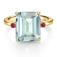 thumbnail image 2 of Gem Stone King 18K Yellow Gold Plated Silver 12X10MM Sky Blue Simulated Aquamarine and 2MM Pink Tourmaline 3 Stone Engagement Ring for Women | 5.47 Cttw | Gemstone March Birthstone | Size 9, 2 of 3
